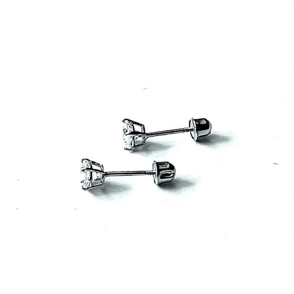 14k White Gold Round Solitaire Basket Set Stud Earrings with Screw Back 4 mm - Picture 2 of 10
